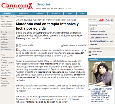 EL CLARIN titula: Maradona est en terapia intensiva y lucha por su vida