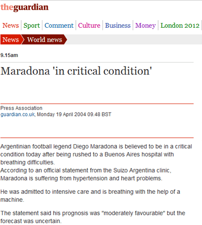 THE GUARDIAN titula: Maradona en condicin crtica